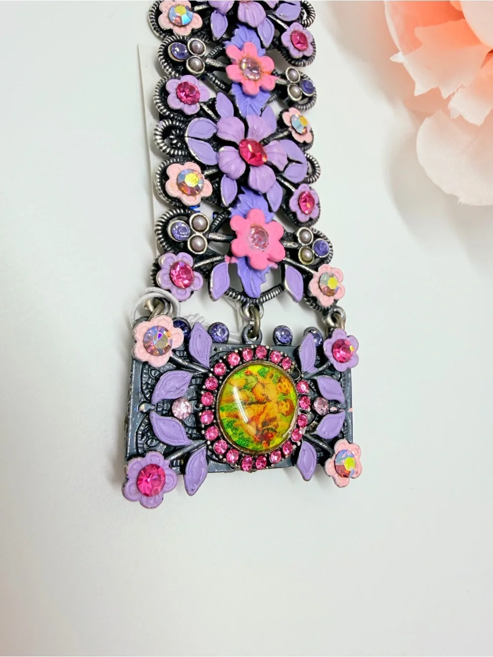 Vintage wide bracelet signet Michal Negrin,Silver purple flowers with crystal